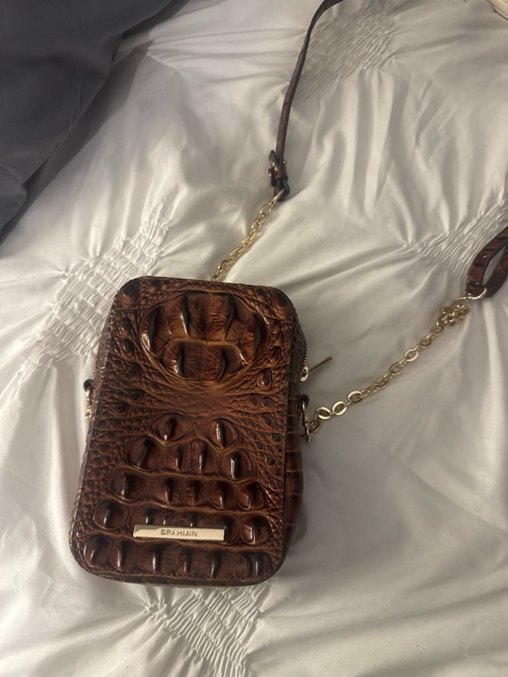 Brahmin Brown Croc-Embossed Leather Crossbody with Gold Chain